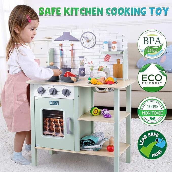 Wooden Play Kitchen for Toddlers 1-3, Kids Children Pretend Toy Kitchen Playset, Toys Kitchen with Realistic 24 Pieces Toy Accessory, Cutting Play Food Toys Gifts for Ages 3-8 Girls Boys