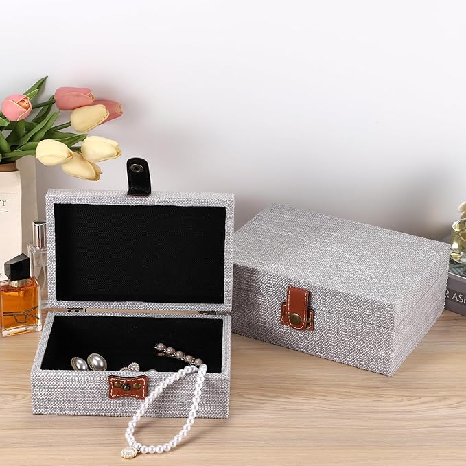 Hipiwe Jewelry Storage Box Treasure Chest Wooden Box with Linen Covered Rectangular Gray Keepsake Case with Clasp Dcorative Photo Storage Organizer for Women Gift, Small