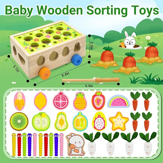 Montessori Wooden Shape Sorter for Baby Carrot Shape Sorting Toy for Toddlers 1-3 Montessori Shape Puzzles Fine Motor Toys Sensory Learning Educational Toys for Kids 1 2 3 4 5 6 Years Old
