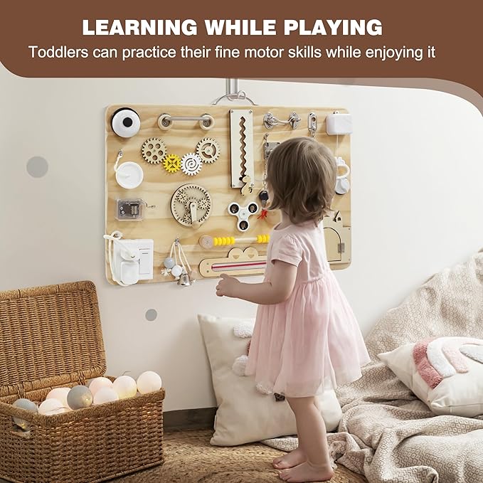 Wooden Montessori Busy Board for Toddlers, Montessori Sensory Activity Board Toys for Baby Kids, for Fine Motor Skills, Autism & ADHD