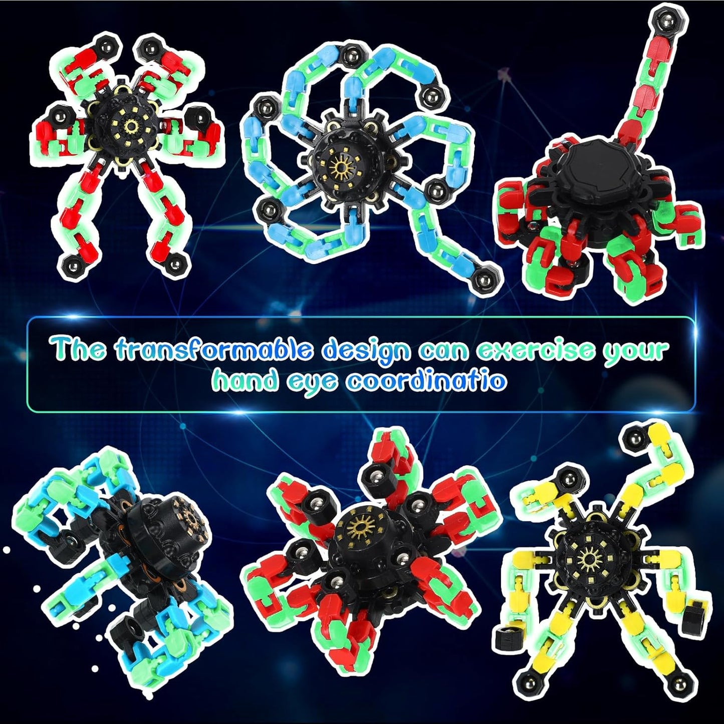 100 Pcs Funny Sensory Fidget Toy Bulk Transformable Chain Robot Finger Toys Fidget Spinners Stress Relief Fingertip Gyro Deformable Mechanical Spiral Twister Spinner Toy for Adult Kids ADHD (Glow)