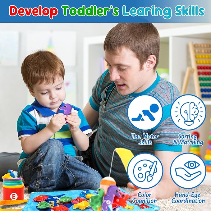 Letoya Toddler Toy Montessori Toys for 1 Year Old Boy Girl Birthday Gifts, Cloth Fishing Game for Toddlers 1-3 with Stacking Cups-Number Counting, Shape Learning Toys