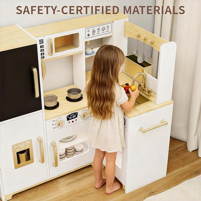 Kids Kitchen Playset with Lights & Sounds, Wooden Corner Play Kitchen with Sink,Oven, Ice Maker & Pretend Play Accessories, Educational Toy Kitchen Set for Toddlers, White