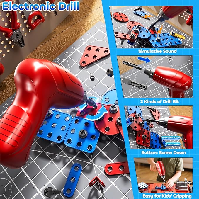 Kids Tool Toy Playset with Electronic Drill Sound for Aged 3 4 5 6 7 8, Workbench Toys for Toddlers 3-5, Pretend Play Tool Box, Construction Mechanic Set, Birthday Gift for Boys Girls Ages 3-8