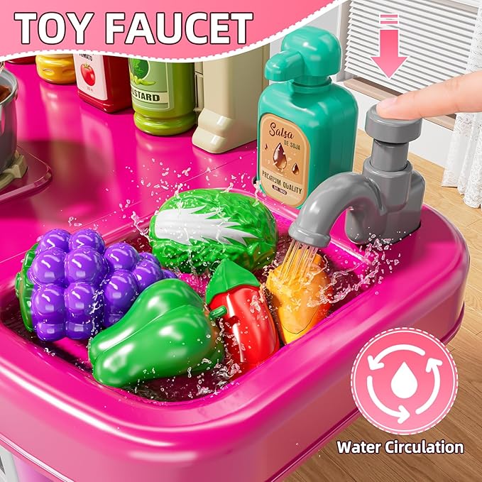 Play Kitchen Playset, Girls Kitchen Toys for Ages 2-6 4-8 with Light, Sound and Spraying, Sink Toy Accessories, Cooking Stoves, Pretend Food for Toddlers 1-3 3-5