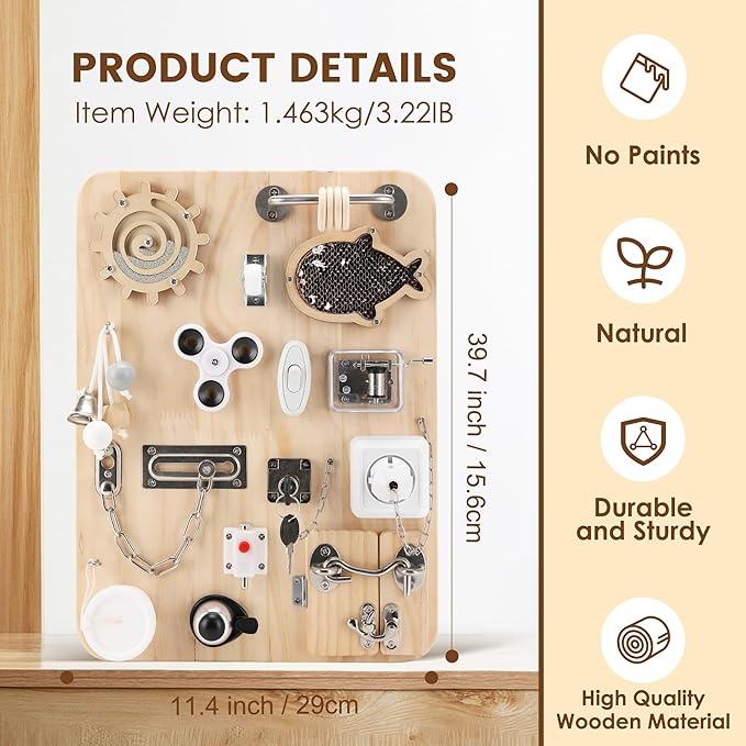 Wooden Montessori Busy Board, Montessori Sensory Activity Board Toys for Kids Toddler Baby Boys Girls, for Autism & ADHD Motor Skills