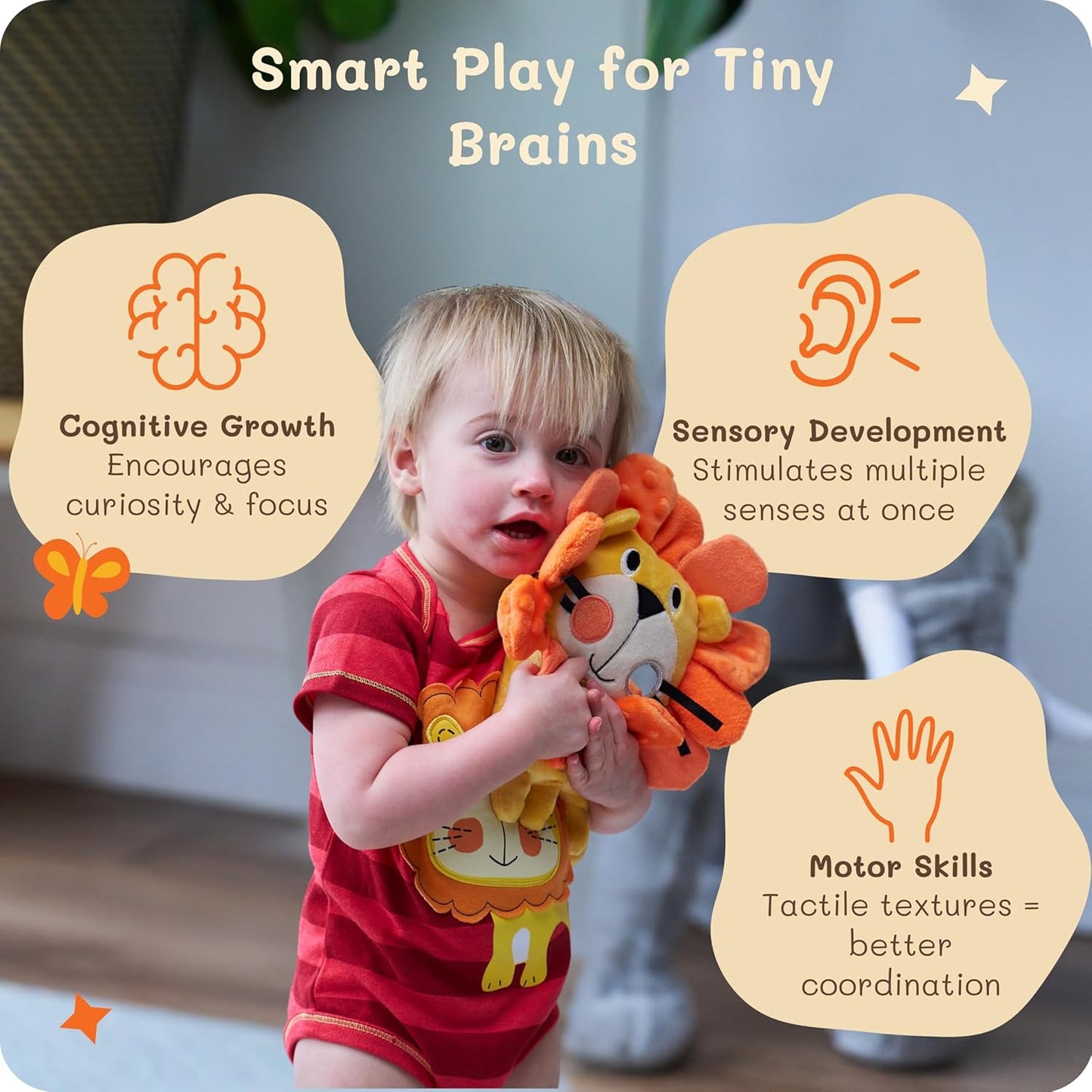 Roary The Lion Crinkle Toy for Baby - Sensory Tummy Time Toys - Plush Stuffed Animal with Teething Toy Chew Ring