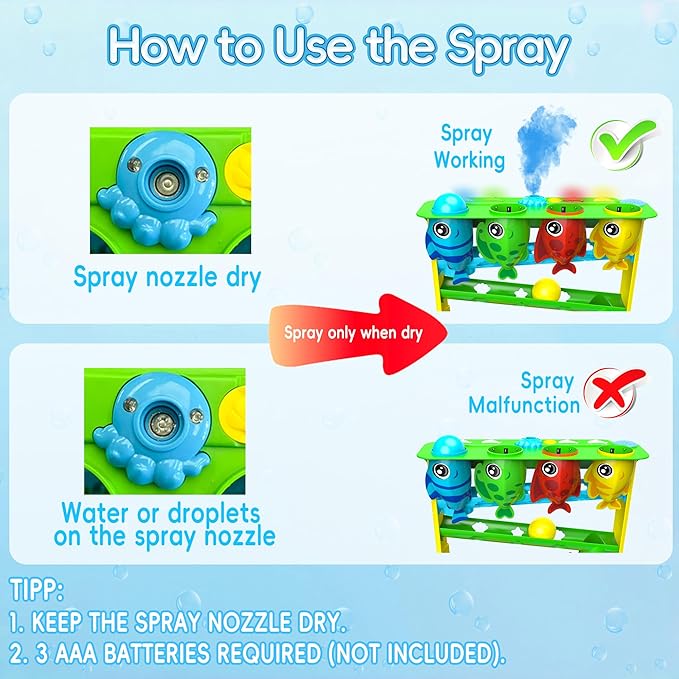 Ball Drop Toy for 1, 2 Years Old Boys & Girls, Interactive Toddler toy with Lights, Music & Water Spray, Montessori STEM Learning Toys for 9-18 Months, Infant Early Development Gift (Blue)