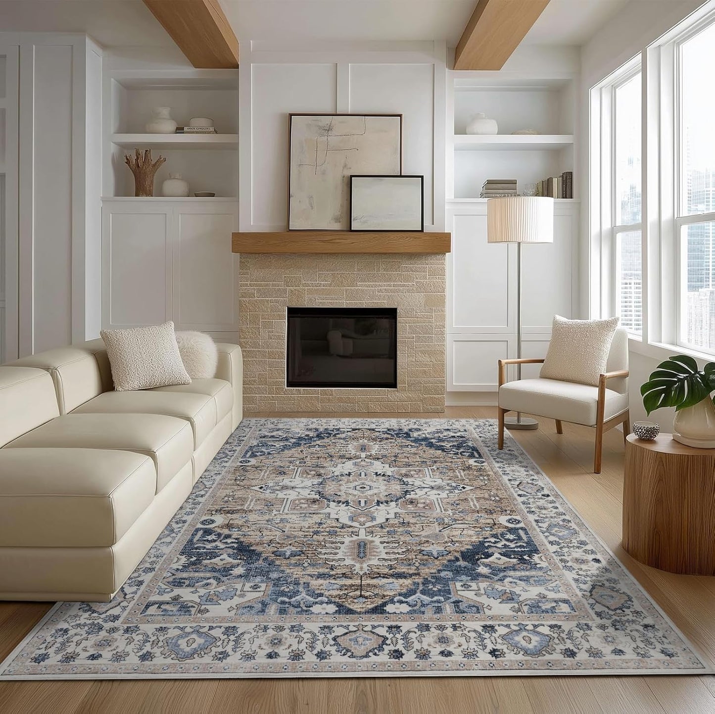4x6 Washable Area Rug for Living Room, Carpet for Bedroom, Soft Faux Wool Retro Dining Room Rug, Non Slip&Non-Shedding Resistant Low Pile Vintage Print Rug for Home Office (Taupe/Blue)