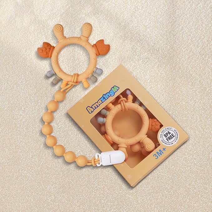 Baby Food Grade Silicone Teether Ring Toy with One Piece Design Pacifier Clip Holder,Teething Toys Gift Set for 3 Months+ Boys and Girls,Freezer Safe,BPA Free.(Yellow Crab)