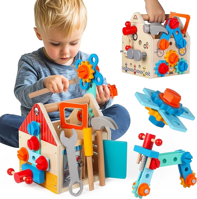 Toddler Tool Kit - 33 PCS Montessori Toddlers Tool Box, Kids Pretend Play Tool Set Age 2-4, STEM Educational Toys for Age 3, Wooden Construction Toys, Boys Birthday Gift 2,3,4,5 Year Old (House)