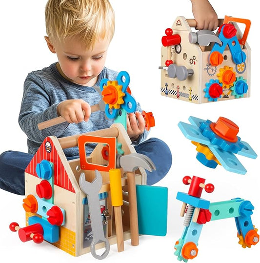Toddler Tool Kit - 33 PCS Montessori Toddlers Tool Box, Kids Pretend Play Tool Set Age 2-4, STEM Educational Toys for Age 3, Wooden Construction Toys, Boys Birthday Gift 2,3,4,5 Year Old (House)