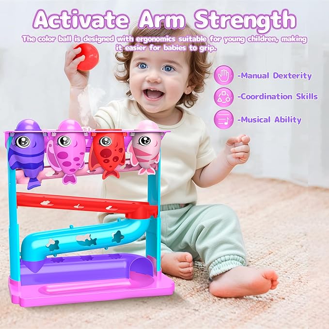 Ball Drop Toy for 1, 2 Years Old Boys & Girls, Interactive Toddler toy with Lights, Music & Water Spray, Montessori STEM Learning Toys for 9-18 Months, Infant Early Development Gift(Pink)