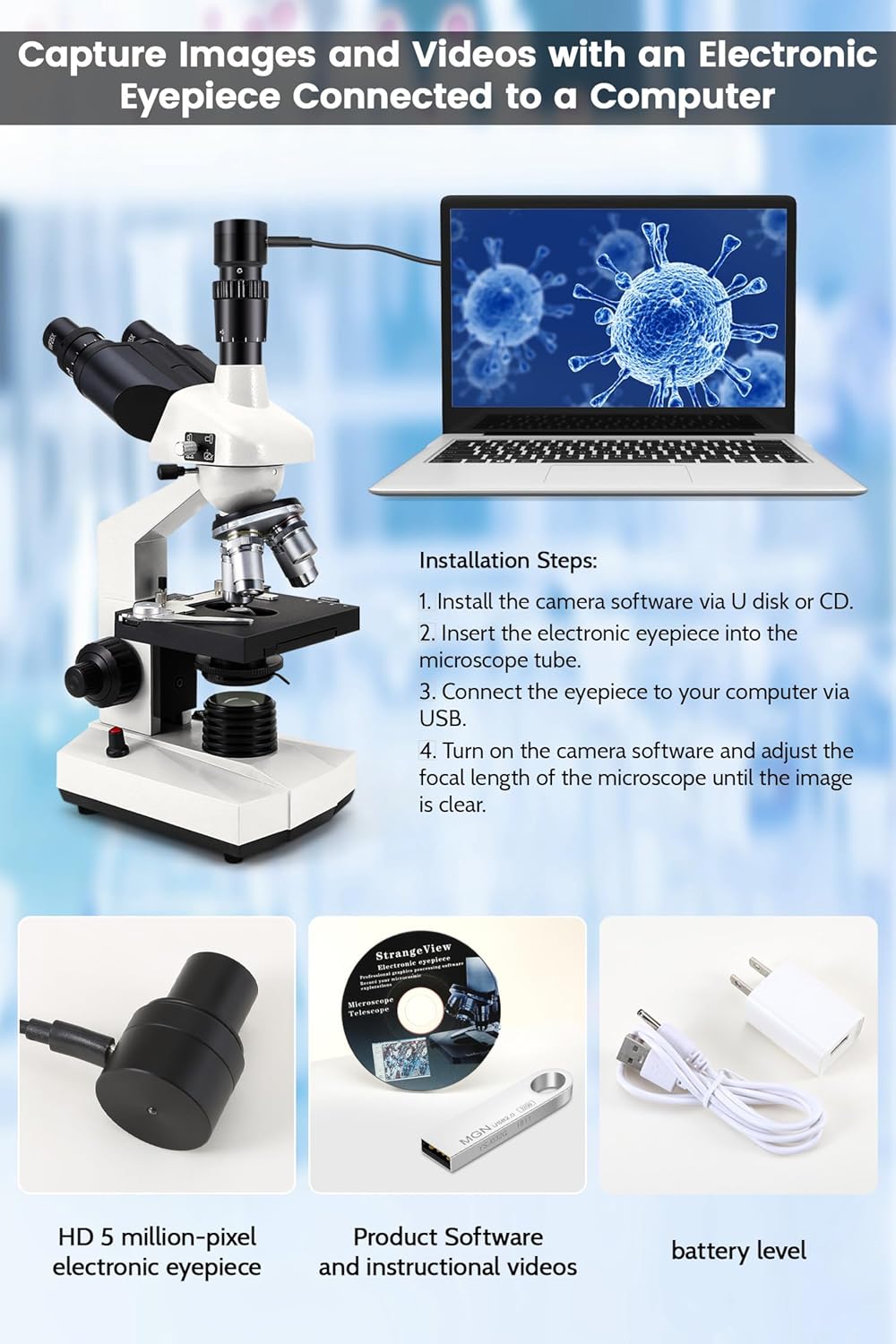 40X-5000X Compound trinocular Microscopes trinocular for Adults, with 5.0 mp Camera with Microscope Slides 30p, Microscope Accessories, Microscopes for School Laboratory Home Education Abbe Condenser