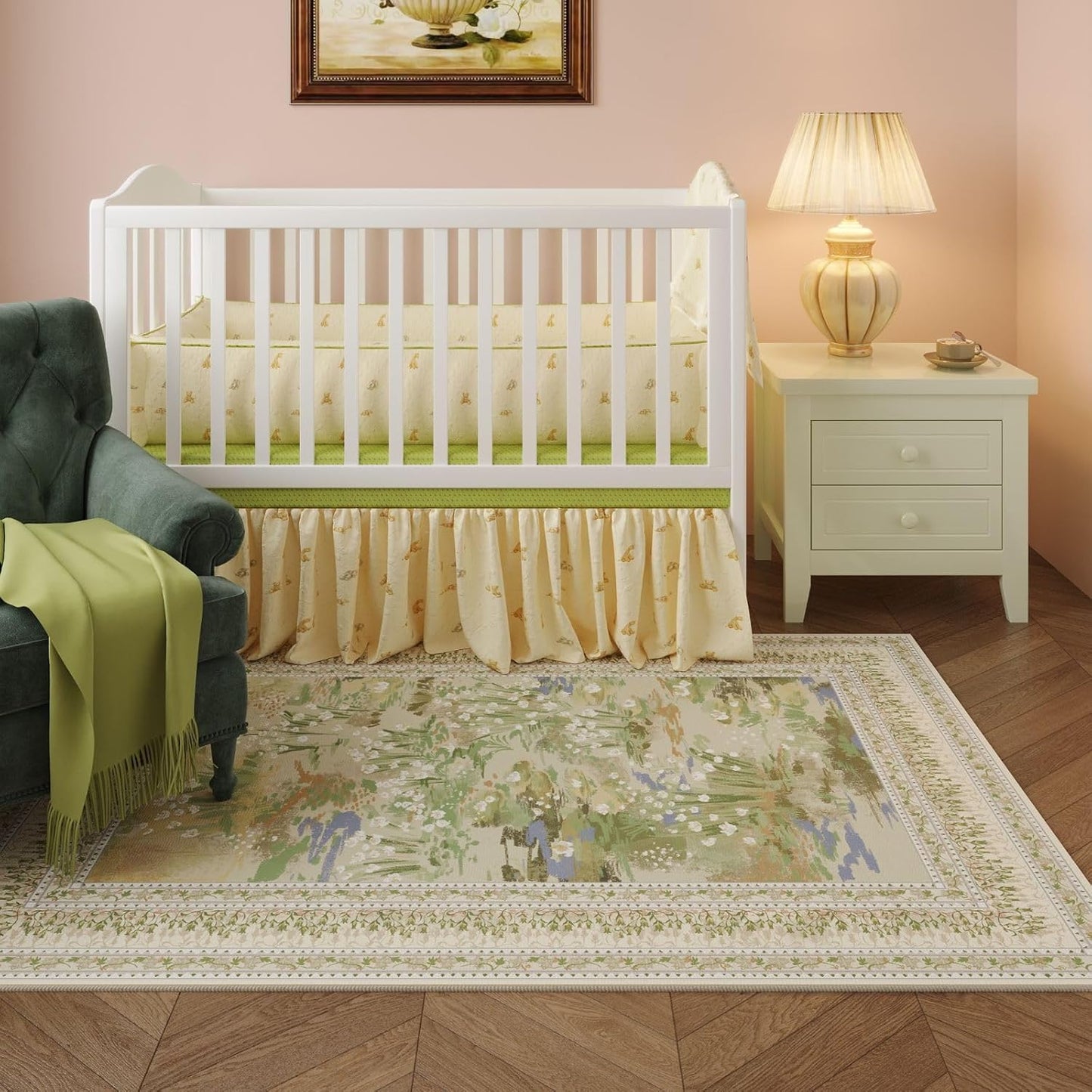 3x5 Washable Rug Impressionist-Style Vintage Non Slip Low Pile Small Carpet for Bedroom Bedside Kitchen Entryway Kids Room Office College Dorm Essentials for Girls, Beige