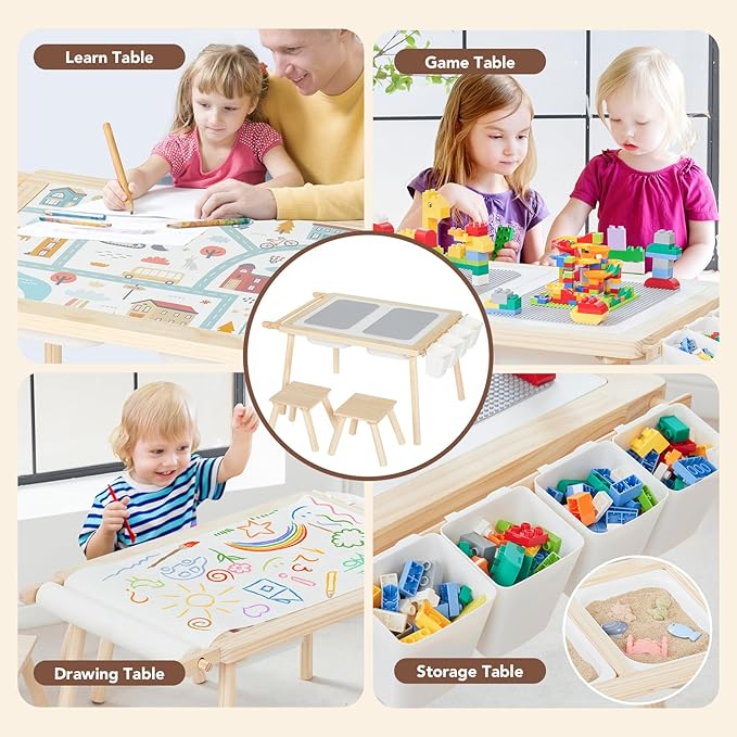 5-in-1 Kids Sensory Table and Chair Set – Wooden Sand and Water Play, Building Blocks, Study, Dining, Toy Storage, Children's Gifts for Boys and Girls