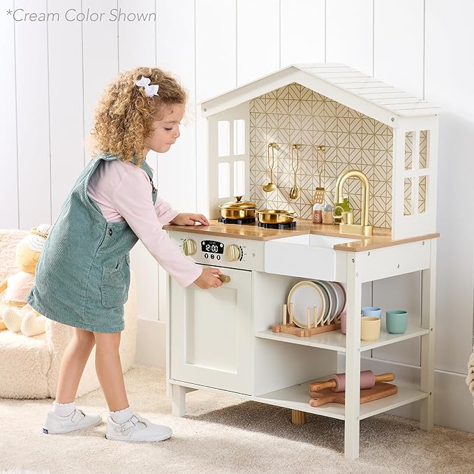 Best Choice Products Pretend Play Wooden Farmhouse Kitchen Set for Kids w/Toy Storage, Clicking Knobs, Windows, 5 Accessories Included - Rose
