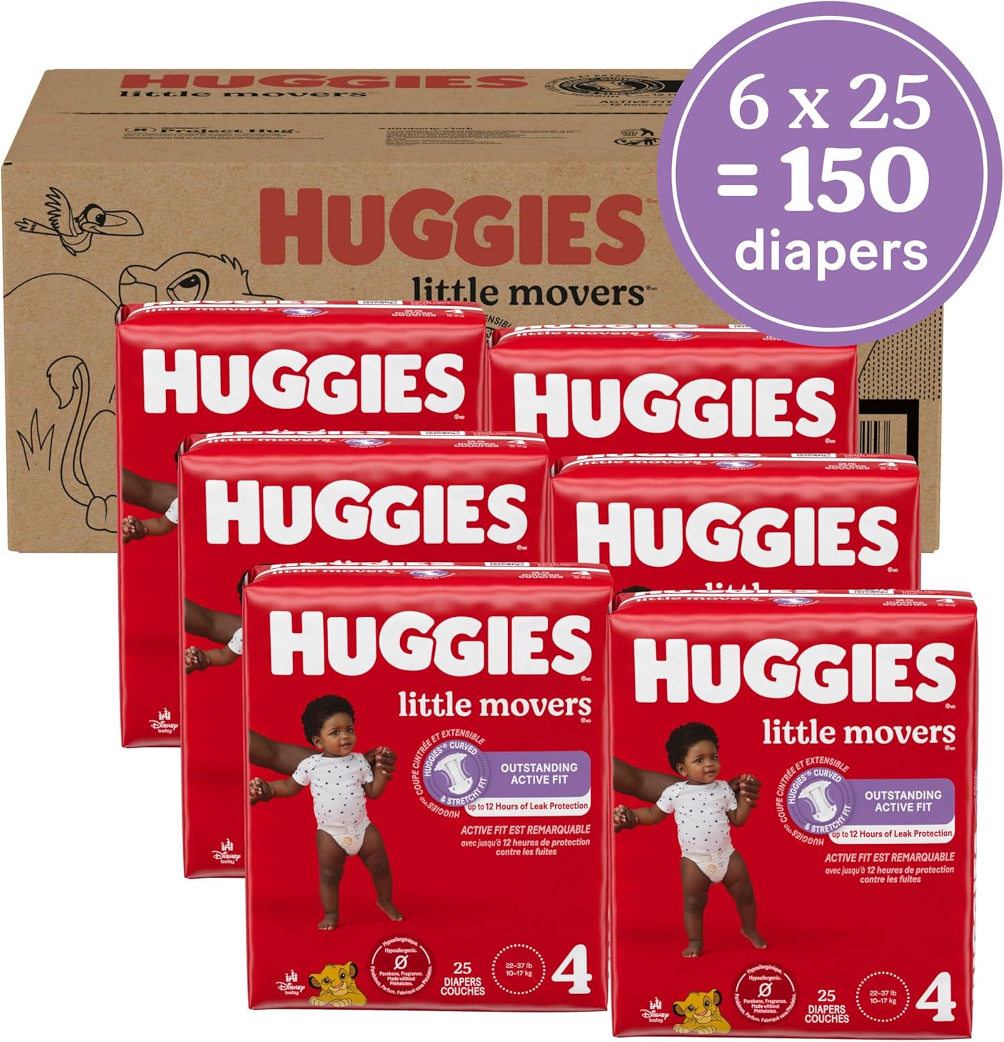 Huggies Size 4 Diapers, Little Movers Baby Diapers, Size 4 (22-37 lbs), 150 Count (6 Packs of 25), Packaging May Vary