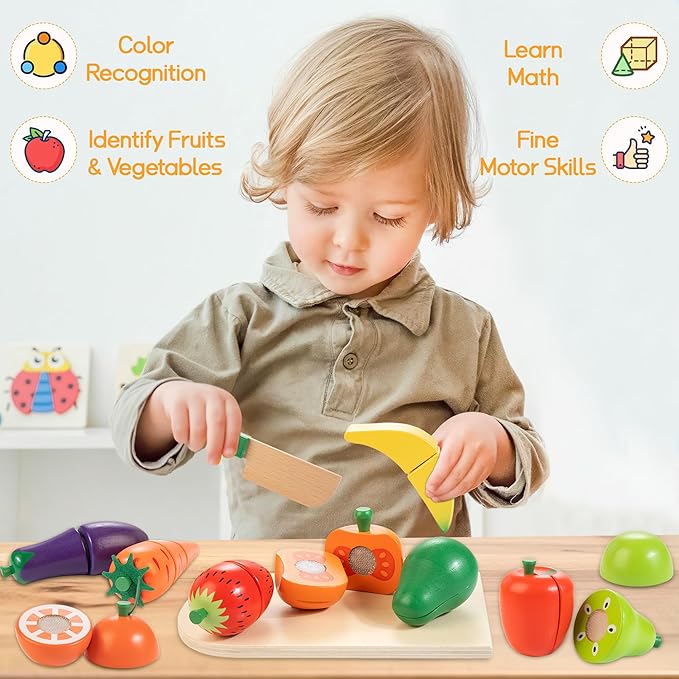 Wooden Play Food for Toddlers, Fruit and Veggies Cutting Set for Kids, Pretend Food Play Kitchen Accessories for 3 4 5 6 7 Years Old Boys & Girls