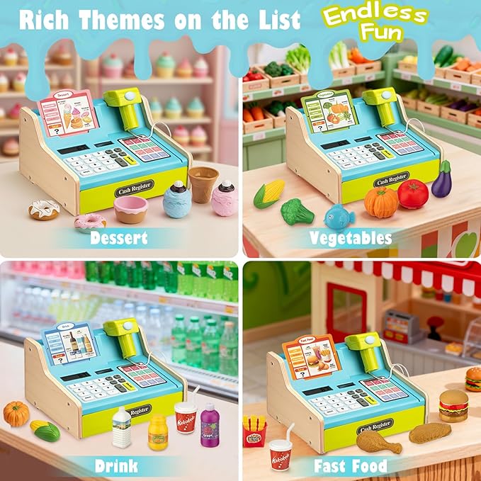 Wooden Cash Register for Kids with Shopping Cart Rechargeable Kid Cash Register with Scanner Gift for Kid Age 3 4 5 6 7 8 9 Year Old Pretend Play for Toddlers Toys for 3-12 Year Old Kids