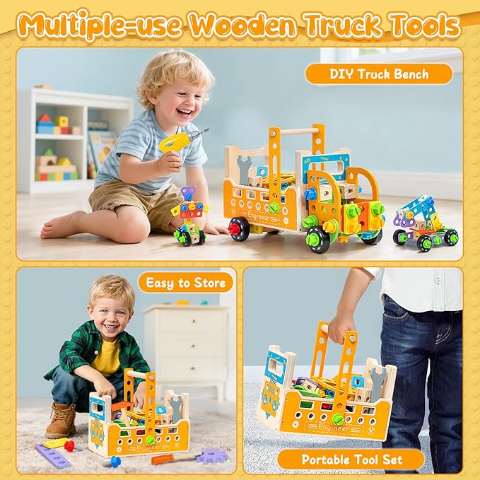 Kids Tool Set with Drill&Apron ,85pc Toddler Play Tool Drill and Screw Toys Pretend Play Wooden Construction Kits for Kids Ages 3-8,Christmas Birthday Gift for Boys Girls