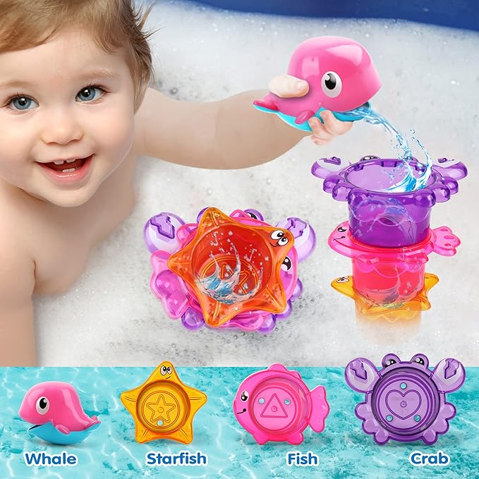 Dwi Dowellin Bath Toy for Toddlers ,Bathtub Toy with Floating Mold Free Swimming Toys and Stacking Cups,Magnetic Fishing Game for Toddles and Babies