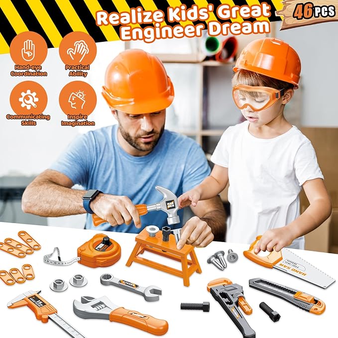 Kids Tool Set 46 PCS, Christmas Birthday Gifts for Kids Ages 3,4,5,6,7,8, Toddler Tool Set with Portable Tool Box & Electronic Toy Drill, Construction Toys Tools for Toddlers, Tool Kits for Boys Girls