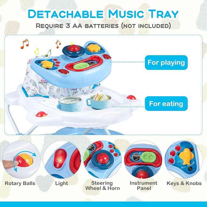 BABY JOY 6-in-1 Baby Walker, Foldable Baby Walker with Wheels, Adjustable Height, Music, Lights, Bouncer & Rocker Mode, Baby Walkers for Boys Girls 6-14 Months (Blue)