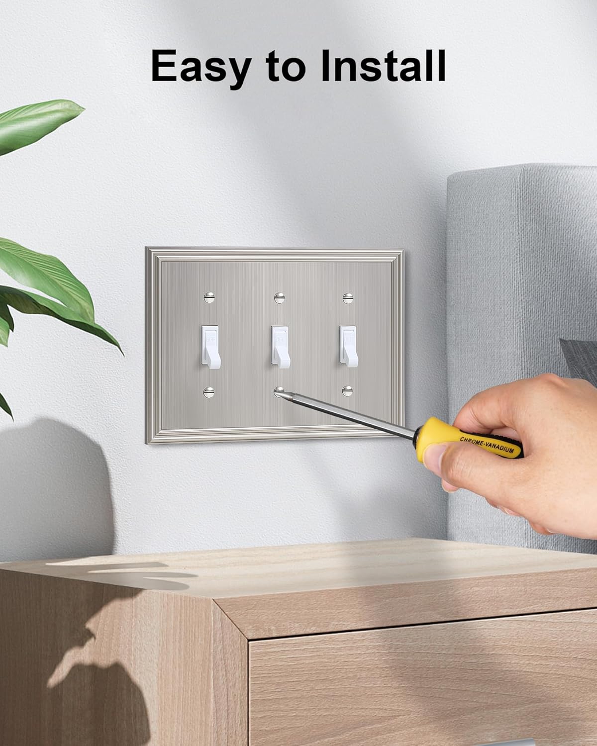 2-Pack Triple Toggle Light Switch Cover Plate, Durable Solid Zinc Alloy Decorative Switch Plate Covers, Brushed Nickel 3 Gang Wall Plate, Corrosion Resistant