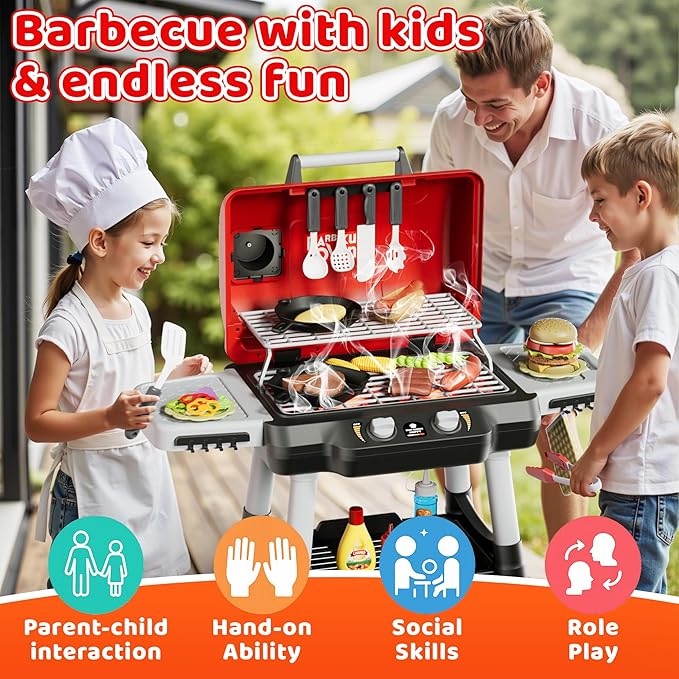 Kids Play Kitchen Toys, Kids BBQ Grill Playset，2-Tier Barbecue Toy with Wheels, Smoke Sound Light, Outdoor Play Food Toys Cooking Set, Birthday Gift for Toddlers 3-5