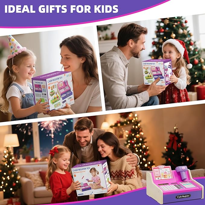 Kids Cash Register Toys, Rechargeable Wooden Toddler Pretend Play Supermarket & Fast Food Restaurant, Cashier Toy with Play Money, Pretend Food, Birthday Gifts for Kids Boy & Girl Age 4-8, Pink