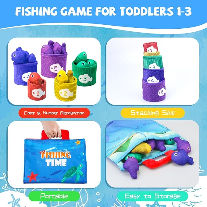 Montessori Toys for 1 Year Old - Cloth Fishing Game with Stacking Cups, Color Sorting & Number Learning Toys for Toddlers 1-3, 1 Year Old Boys & Girls Gifts
