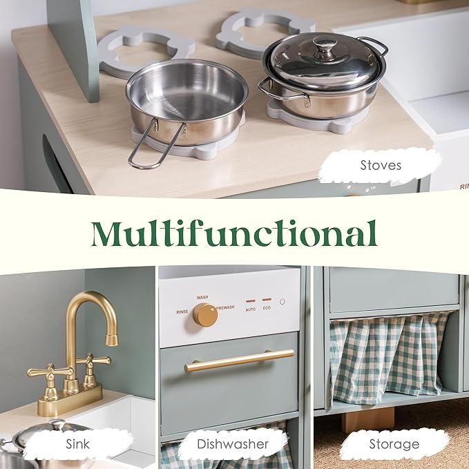 ROBOTIME Play Kitchen for Kids Toddlers, Wooden Pretend Play Kitchen Set Toy with Fridge, Ice Maker, Coffee Maker, Toys Kitchen Gift for 3+ Year Old Kids, Girls & Boys