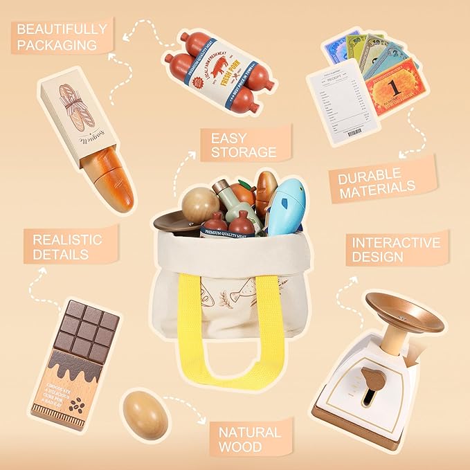 Wooden Play Food Set for Kids Toddlers, Grocery Store Pretend Play Food, Pretend Grocery Shopping & Play Kitchen Accessories for Boys Girls