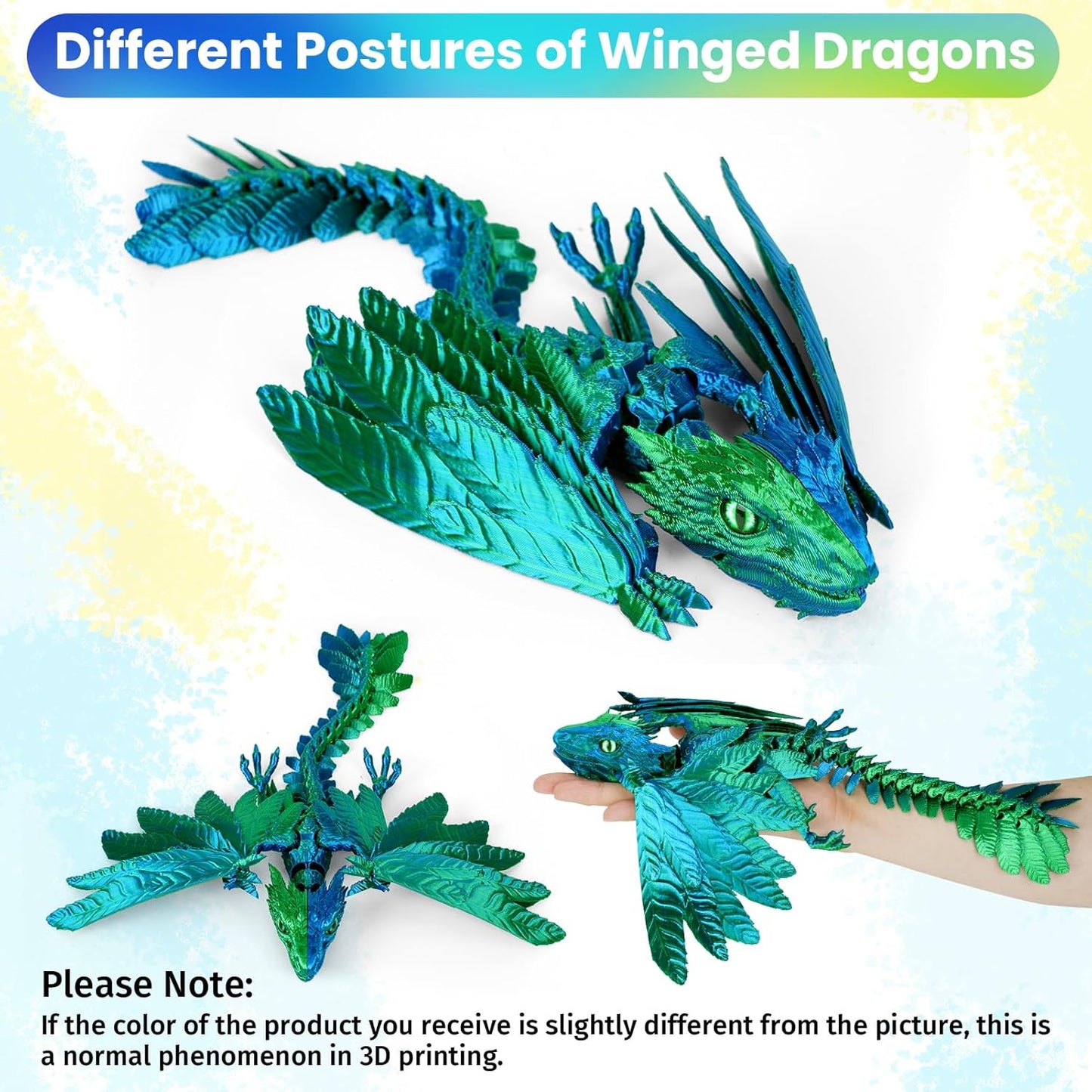 3D Printed Dragon with Wings,3D Printed Animals Toy,3D Printed Flexible Dragons,Crystal Dragon Fidget Toys,Full Articulated Dragon Crystal Dragon ,Adults Fidget Toys for Autism ADHD,Home Office Decor