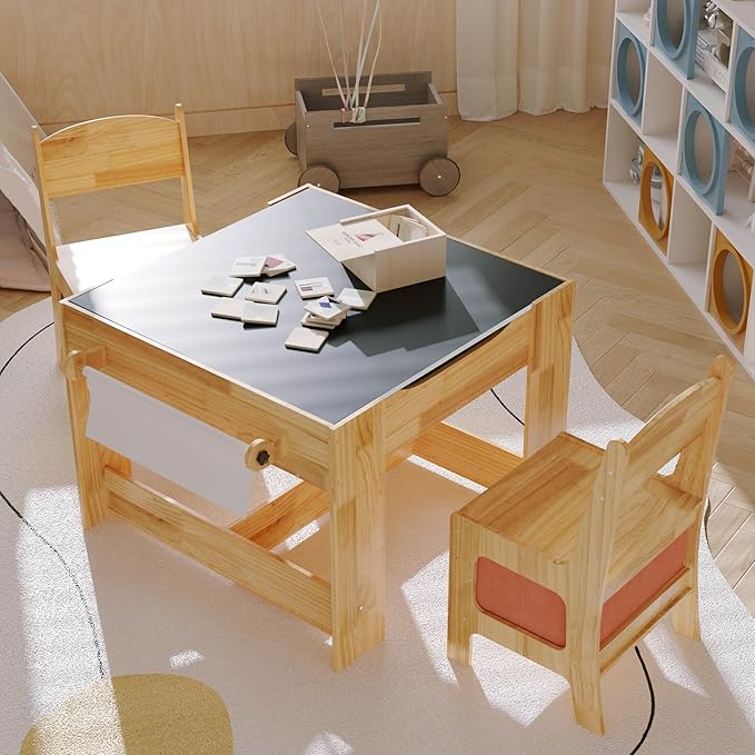 Pinewood Kids Table and Chair Set, 3 in 1 Toddlers Wooden Art Activity Table Desk with Chairs and Storage, Children Removable Tabletop, Blackboard, Natural