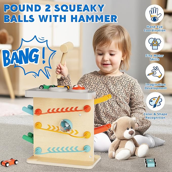 2-in-1 Pound Ball Toddler Toy Wooden Car Ramp Race Track Ball Drop Baby Toy Set Gift for 1 2 3 Year Old Boys Girls Montessori Developmental Learning Activity Interactive Cause Effect Birthday Present