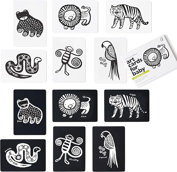 Wee Gallery Art Cards for Baby, Durable High Contrast Black and White Animal Flashcards for Newborns, Brain Development, Sensory Toys, Tummy Time Essentials for Infant and Toddler - Jungle Animals