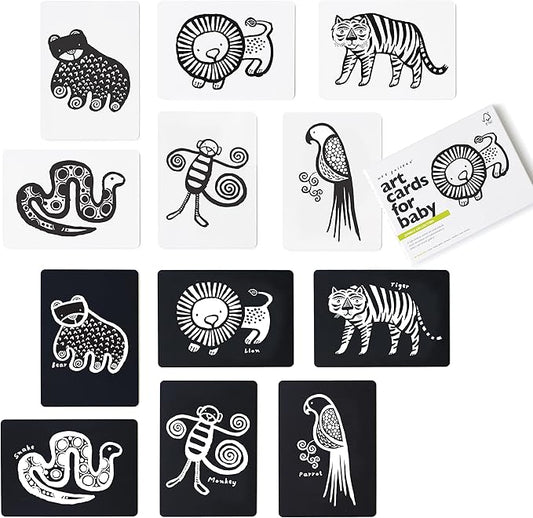 Wee Gallery Art Cards for Baby, Durable High Contrast Black and White Animal Flashcards for Newborns, Brain Development, Sensory Toys, Tummy Time Essentials for Infant and Toddler - Jungle Animals
