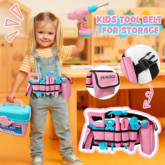 Kids Tool Set 55Pcs Tool Box Toddler Tool Kit for Girls Play Tools Toy with Tool Belt Electronic Toy Drill Safety Vest Pretend Play Construction Toy for Girls Boys Ages 3 4 5 6 7 Years Old