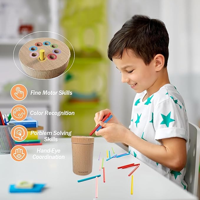 QUENTRO Montessori Toys for 3 Year Old, Wooden Learning Color Sorting Toys for Toddlers, Educational Fine Motor Developmental Sensory Matching Games, 36 Months Up Old Baby Boys Girls Xmas Gifts