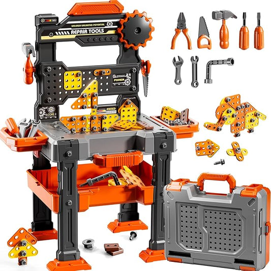 Kids Tools Toy Sets for Aged 3 4 5 6 7 8, 2 in 1 Workbench Toys for Toddlers 3-5, Pretend Play Toolbox, Construction Mechanic Set with Sound, Educational Birthday Gift for Boys Girls Ages 3-8