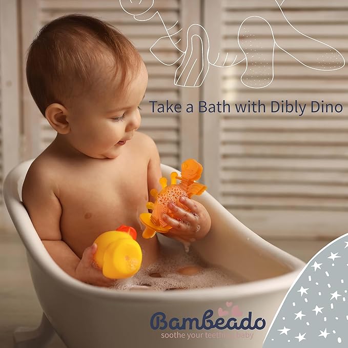 Bambeado Baby Teether Toy: Dibly - The Dino Baby Teething Toys BPA-Free Teethers Inspired by Nature with Natural Rubber Pacifier