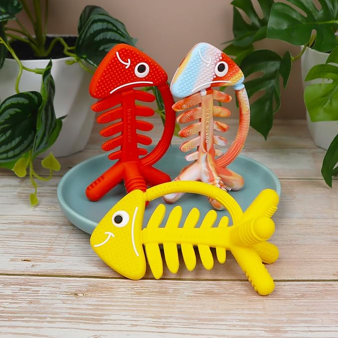 3 in 1 Infant Toys, Baby Teething Toys 3–6 6–12 Months, Teethers for Babies 0–3–6–12 Months for Teething Relief, Baby Gift, Baby Teether Toys, Silicone Sensory Toys, USA Patent Pending, Fish (Yellow)