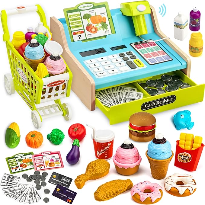 Wooden Cash Register for Kids with Shopping Cart Rechargeable Kid Cash Register with Scanner Gift for Kid Age 3 4 5 6 7 8 9 Year Old Pretend Play for Toddlers Toys for 3-12 Year Old Kids