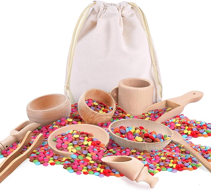 Yowlieu 10 Pcs Wooden Sensory Bin Tools for Toddlers & Preschool Children, Montessori Sensory Wooden Toys Fine Motor Learning Pretend Play Sensory Tools for Kids