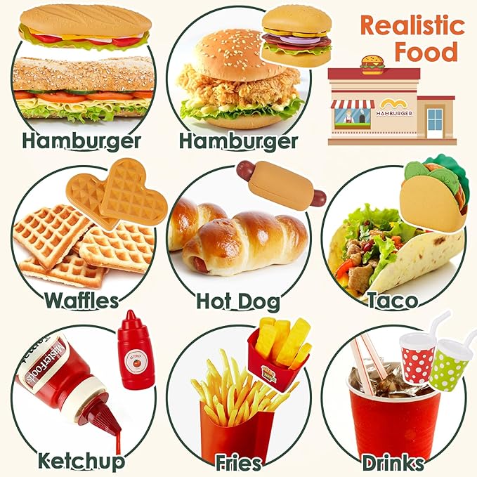 BUYGER Fast Food Play Food Toys for Kids Toddler Children Toy Kitchen Accessories Playset Plastic Toy Food Sets Pretend Play Gifts for 3 4 5+ Years Old