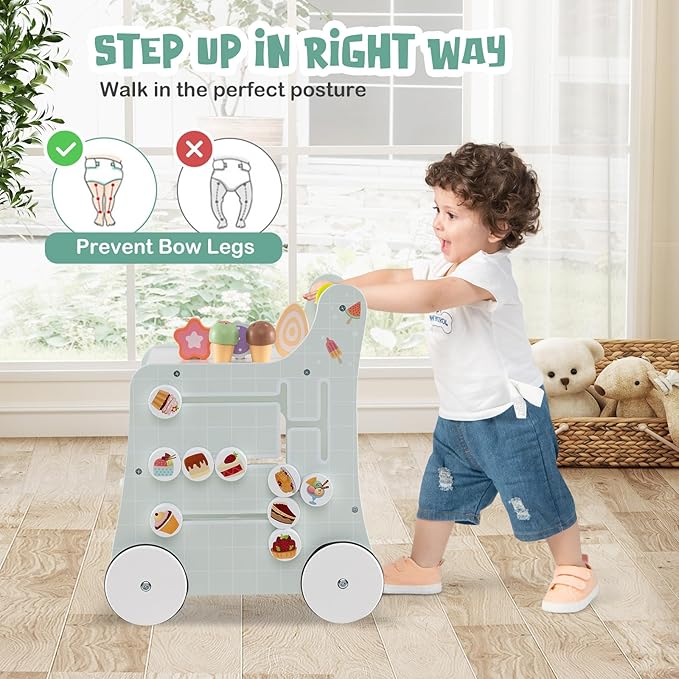 BABY JOY 2-in-1 Wooden Baby Walker, Montessori Activity Center w/Storage, Wheels, Kids Dessert Shop Walking Toy w/Ice Cream, Slider, Maze, Plate, Push Walker for Boys and Girls 1+ Years Old (Green)