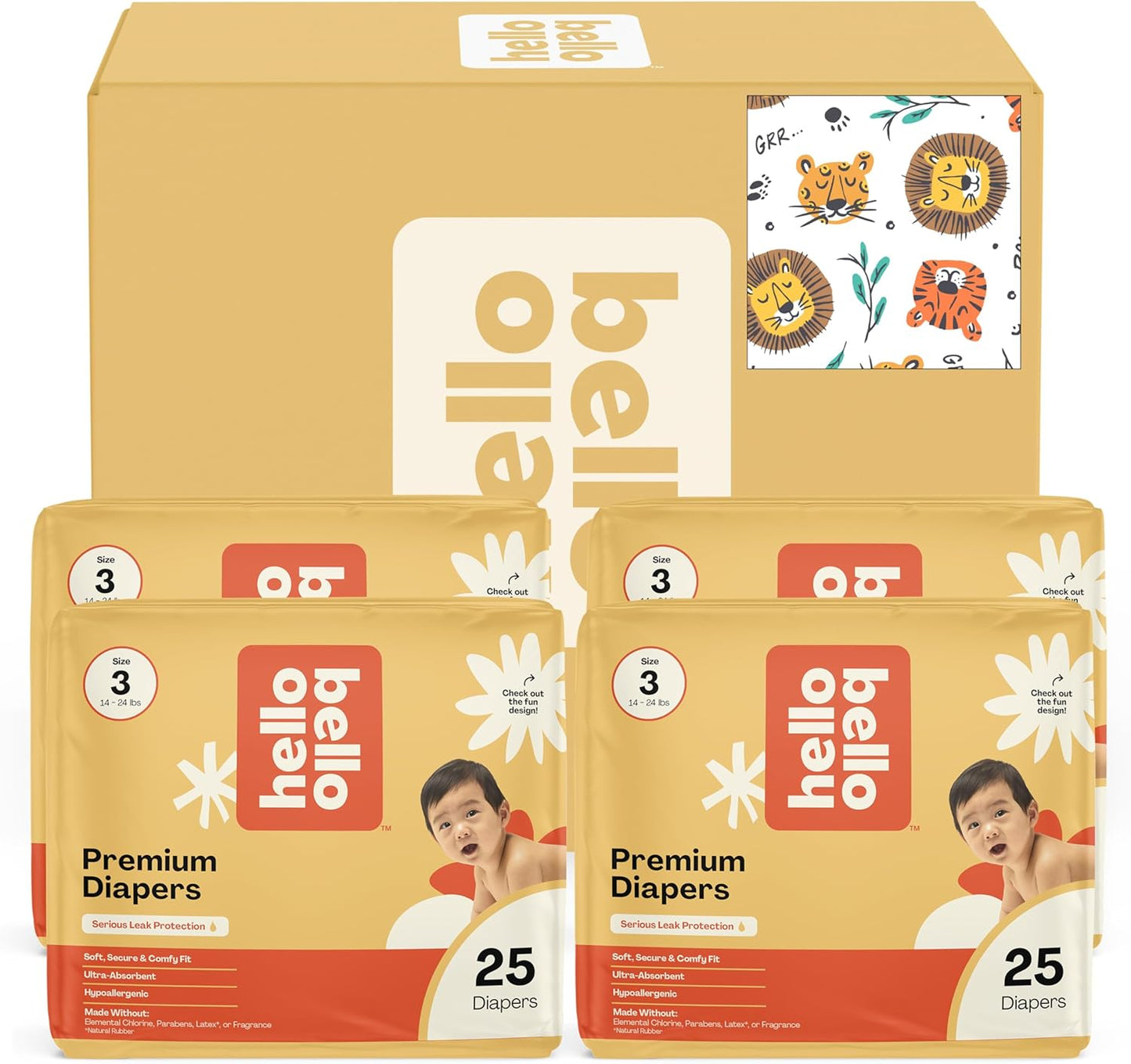 Hello Bello Diapers, Size 3 (14-24 lbs) Wild Cats, 100 Count Value Pack of Premium Disposable Baby Diapers, Hypoallergenic with Soft, Cloth-Like Feel