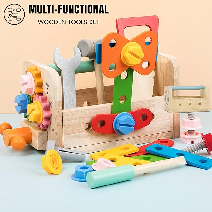 RAISUL Wooden Tool Set for Kids – 35 Pieces Wooden Toddler Tool with Box – Montessori STEM Educational Pretend Play Construction Toy for 3 to 13 Year Old Boys Girls – Best Birthday Gift